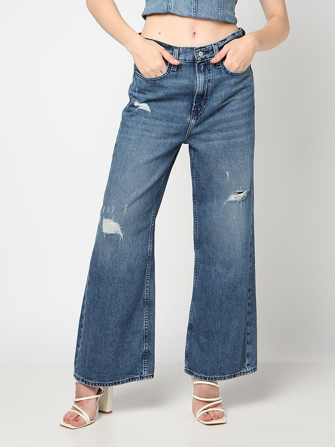 GAP Women Mid-Rise Pure Cotton Low Distress Light Fade Wide Leg Jeans