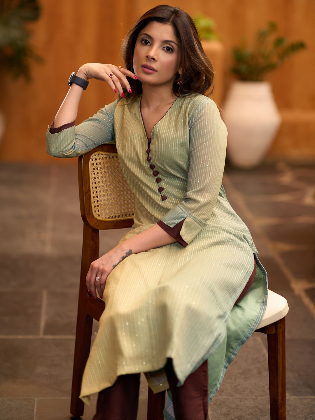 SUJATRA Embellished V-Neck Sequinned Georgette Straight Kurta