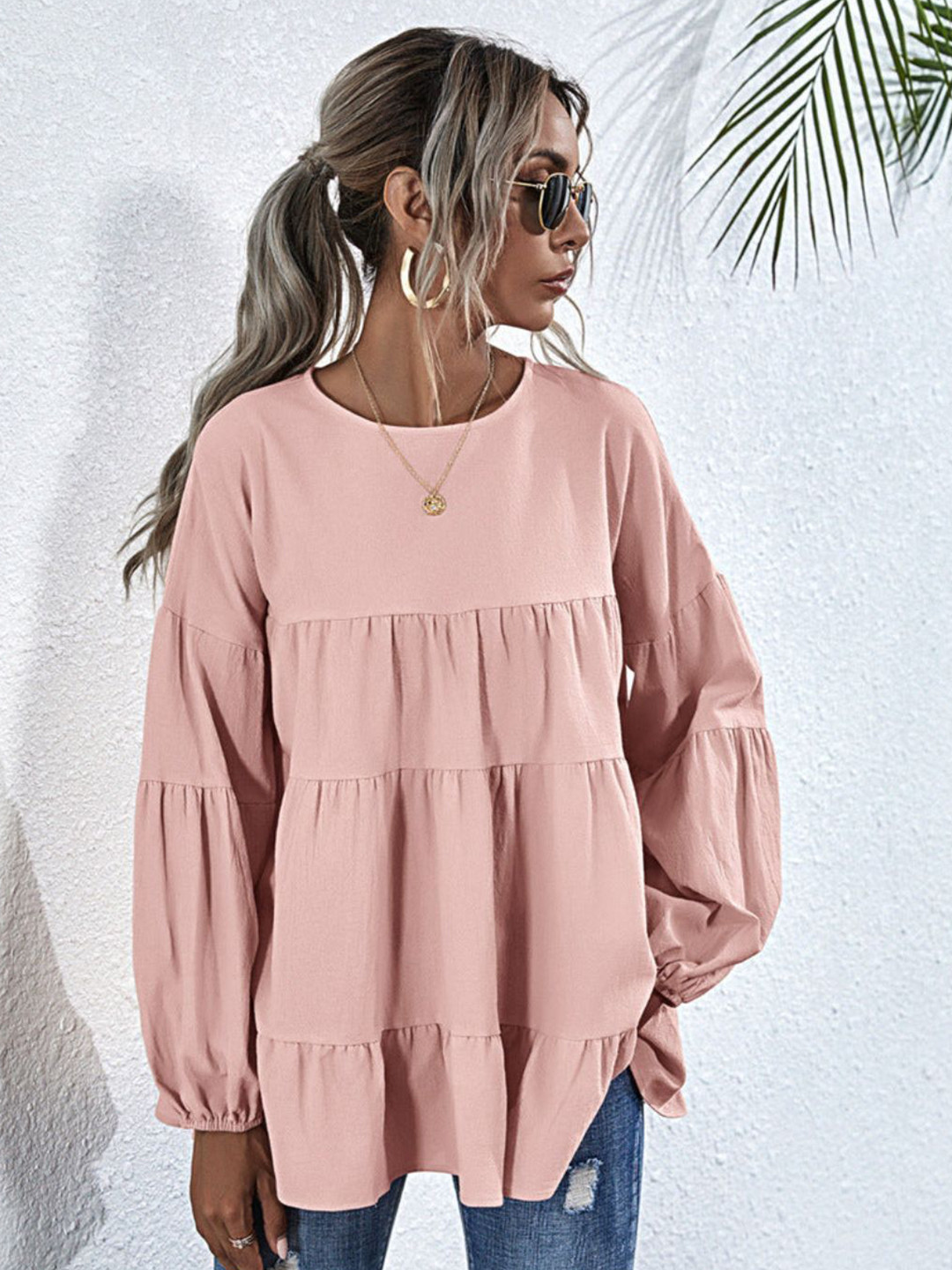 Oh Rare Women Round Neck Puff Sleeve Wide Hem Tiered A-Line Top