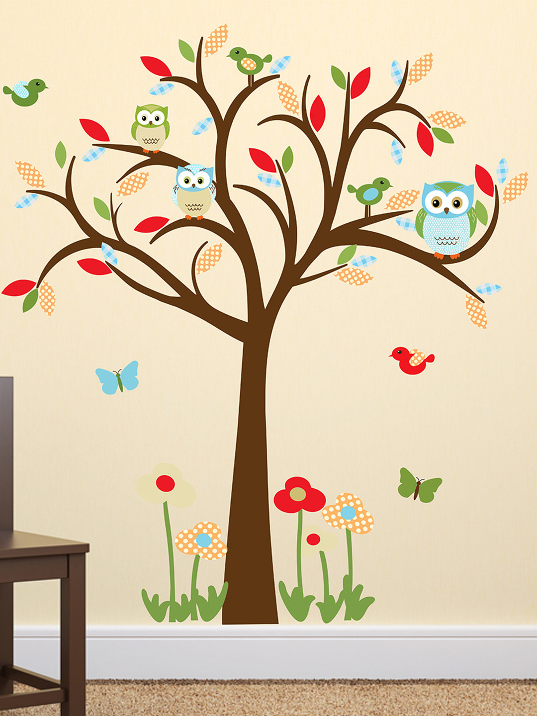 LANSTICK Brown & Blue Tree With Owls Printed Self-Adhesive WallStickers