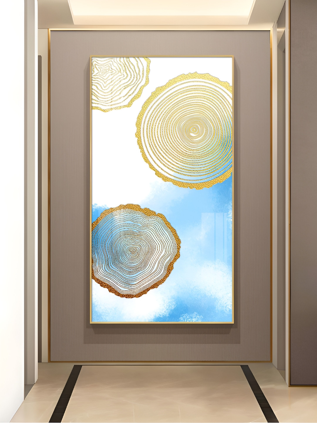 THE NEXT DECOR Blue & White Serenity Rings Glass Finish Vertical Wall Art