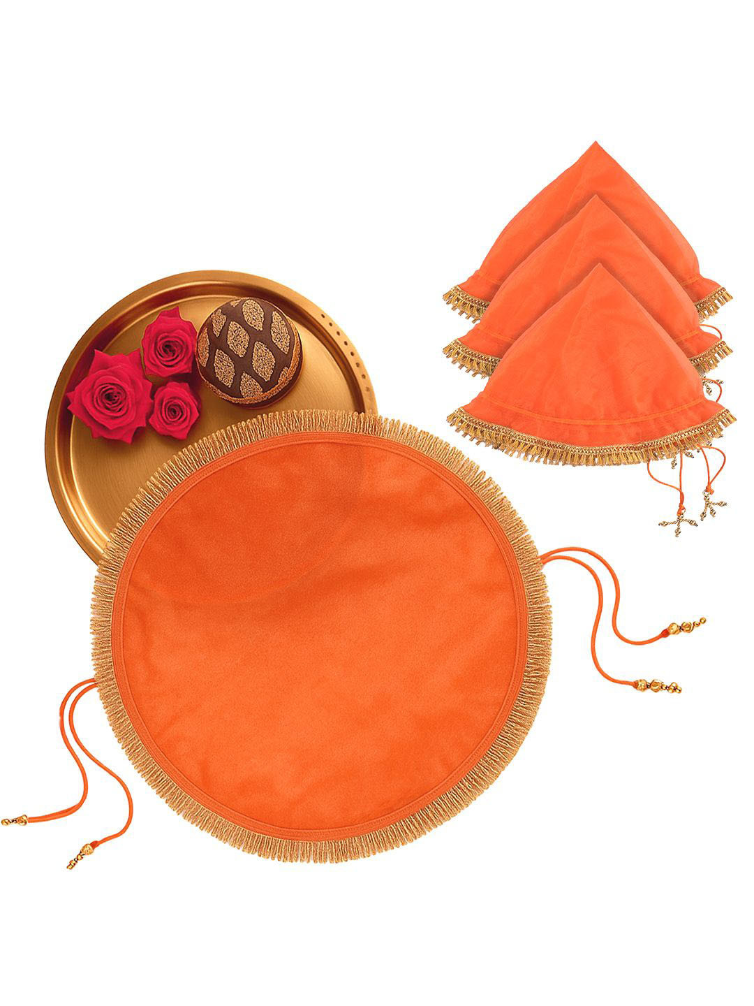 Kuber Industries 4Pcs Orange Colored 2 In 1 Shagun Pooja Thalposh Cover Cloth Potli