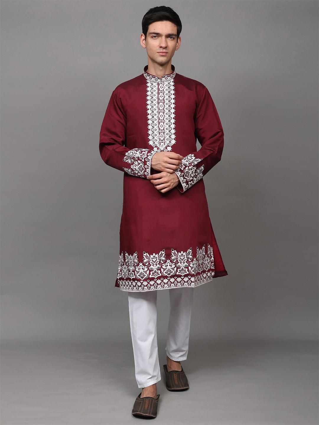 Exotic India Men Floral Thread Embroidered Kurta with Elastic Waist White Pajama