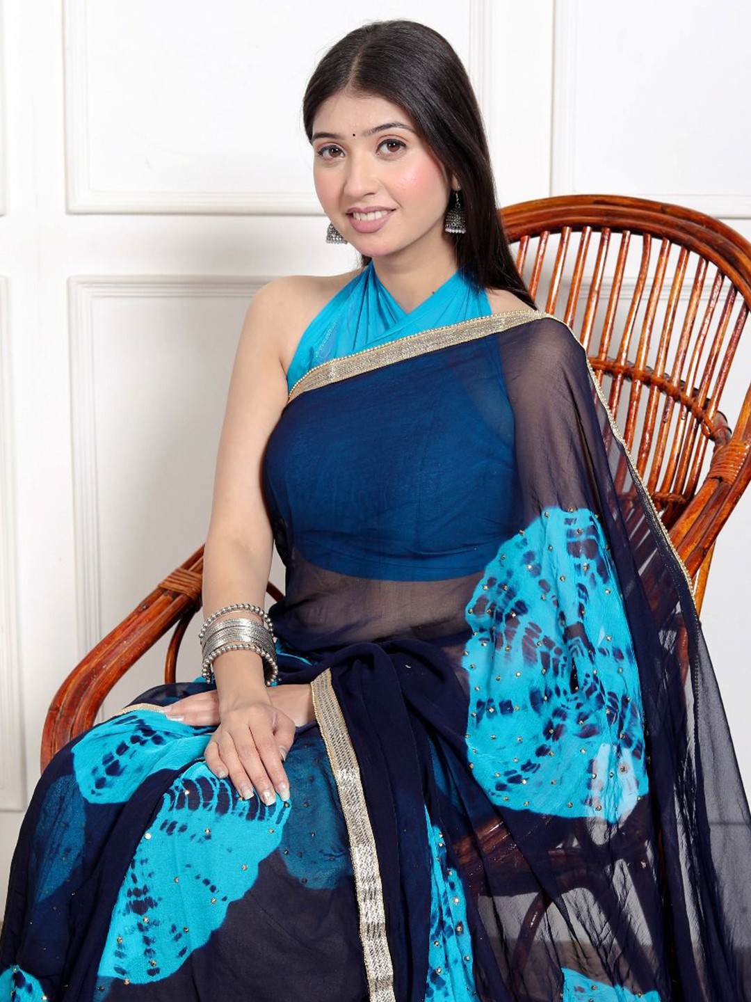 VL SAREES Tie and Dye Beads and Stones Poly Chiffon Heavy Work Bandhani Saree