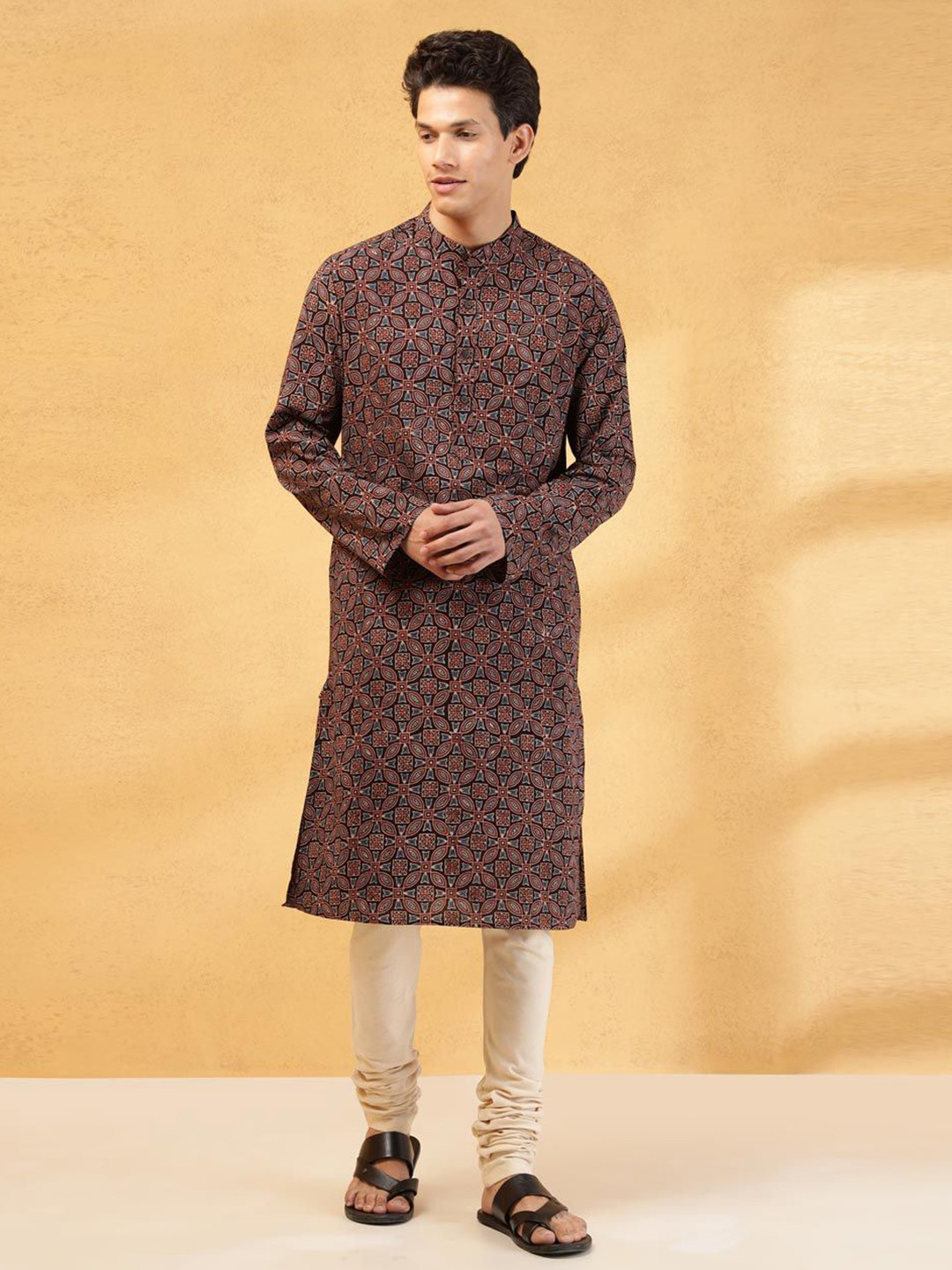 Fabindia Ethnic Motifs Ajrakh Printed Band Collar Cotton Straight Kurta