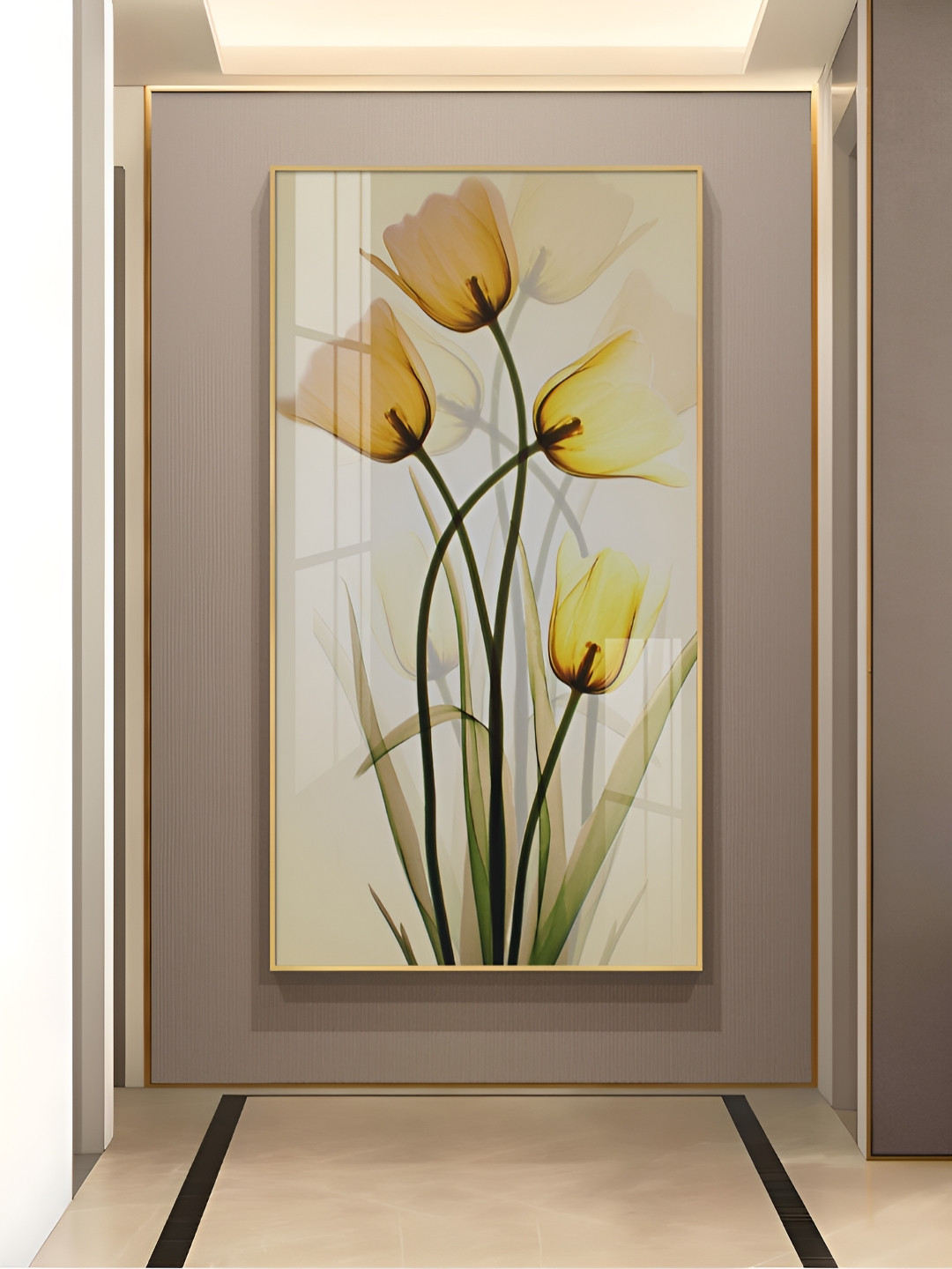 THE NEXT DECOR Radiant Yellow Tulips Glass Finish Vertical Wall Art