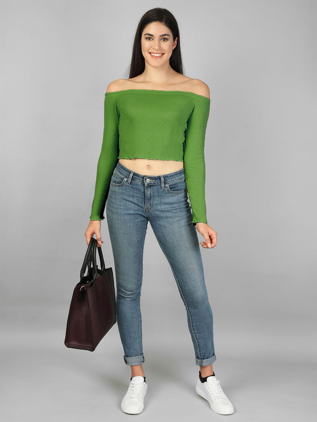 Label nyc apparel Women Ribbed Off-Shoulder Bardot Crop Top