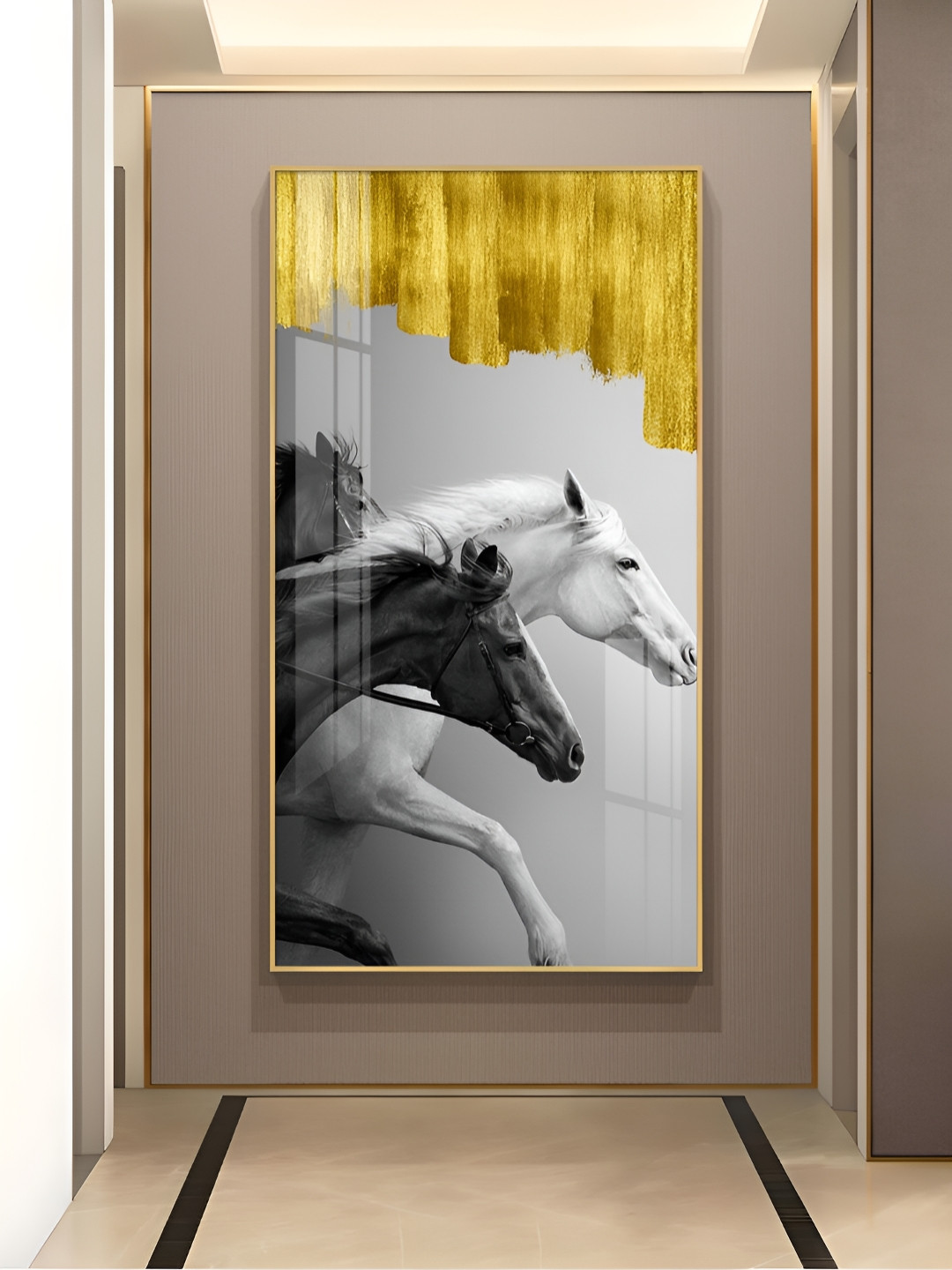 THE NEXT DECOR White & Black Running Stallions Glass Finish Vertical Wall Art
