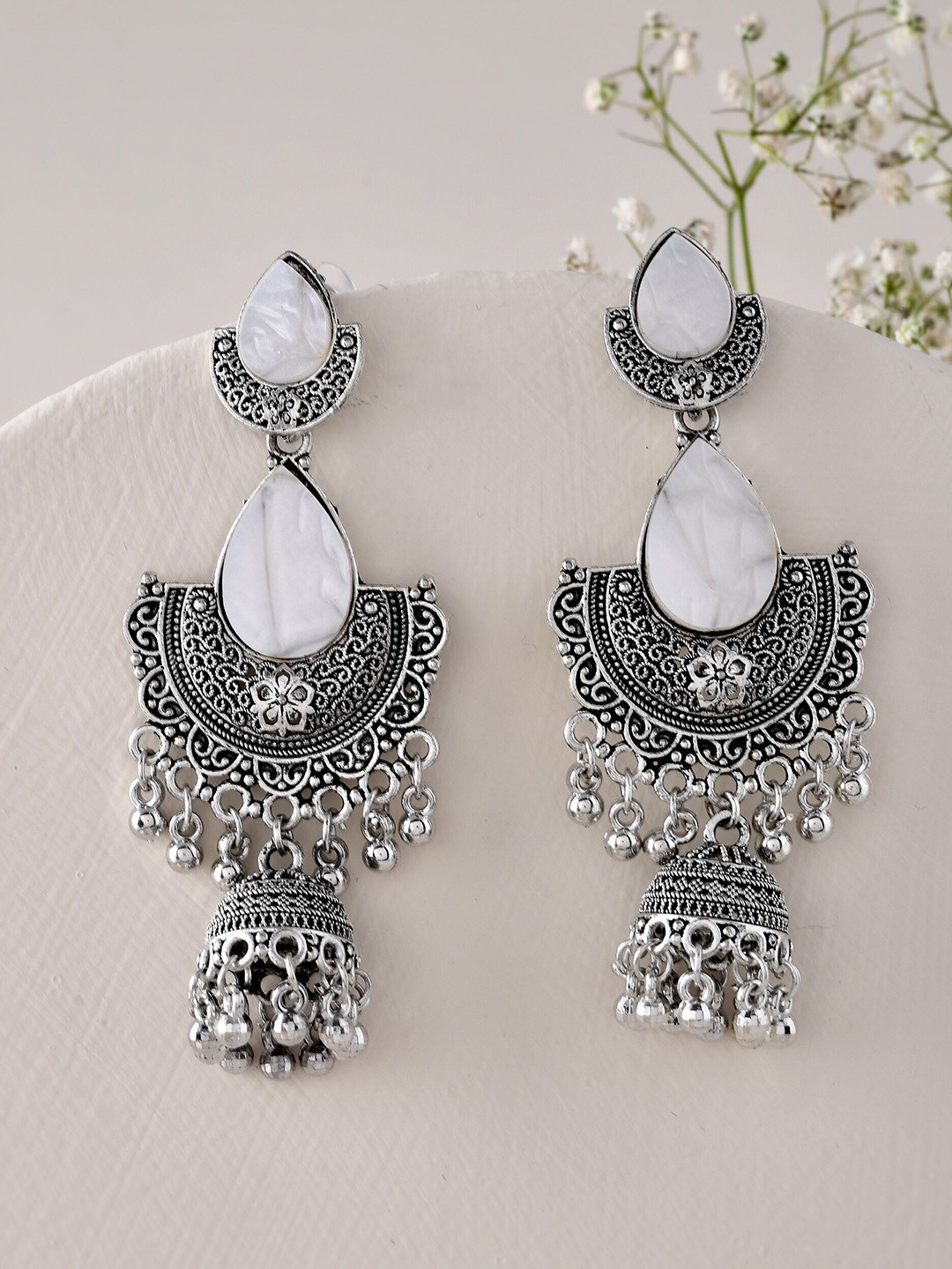 Sangria Stainless Steel Silver-Plated Half Moon Beaded Oxidized Dome Shaped Jhumkas