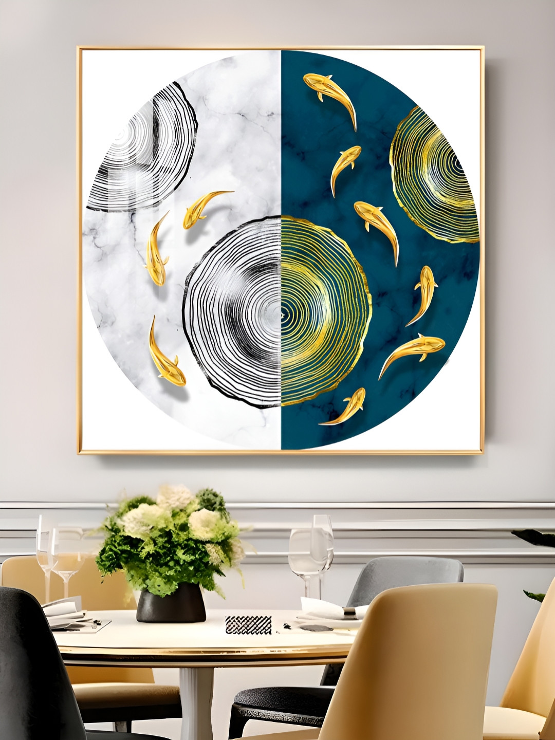 THE NEXT DECOR Yellow & White Nautical Whirl Glass Finish Square Wall Art