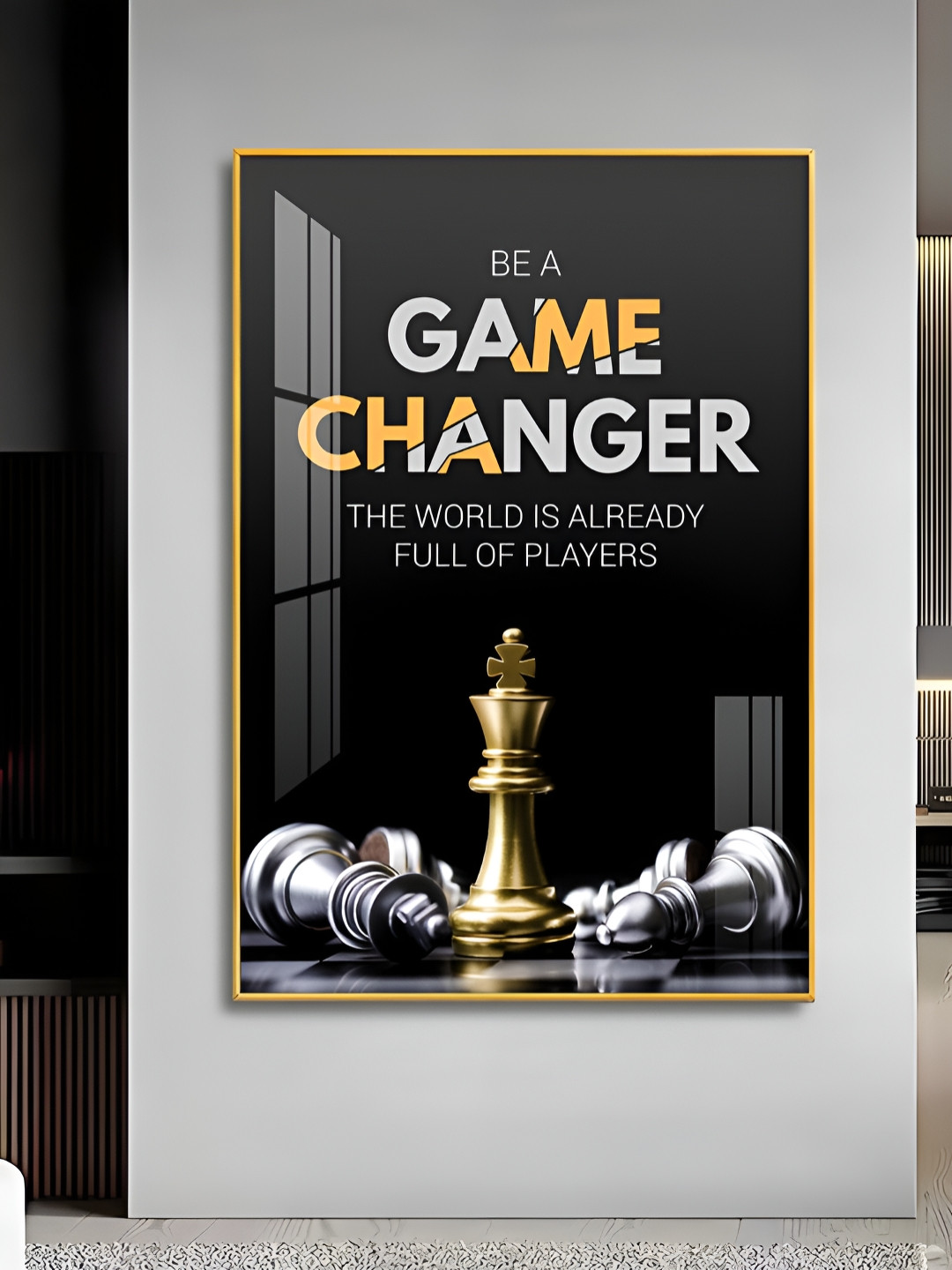THE NEXT DECOR Black & White Be A Game Changer Glass Finish Wooden Vertical Wall Art