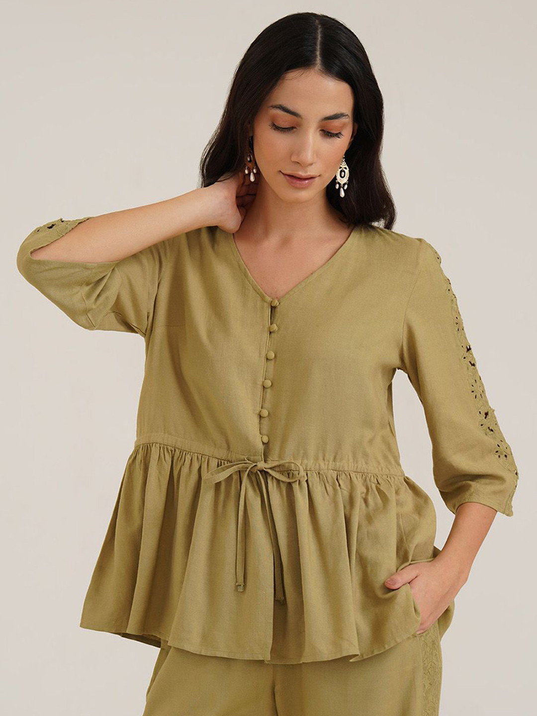 B77 Ares Women V-Neck Waist Tie-Ups Schiffli Peplum Top