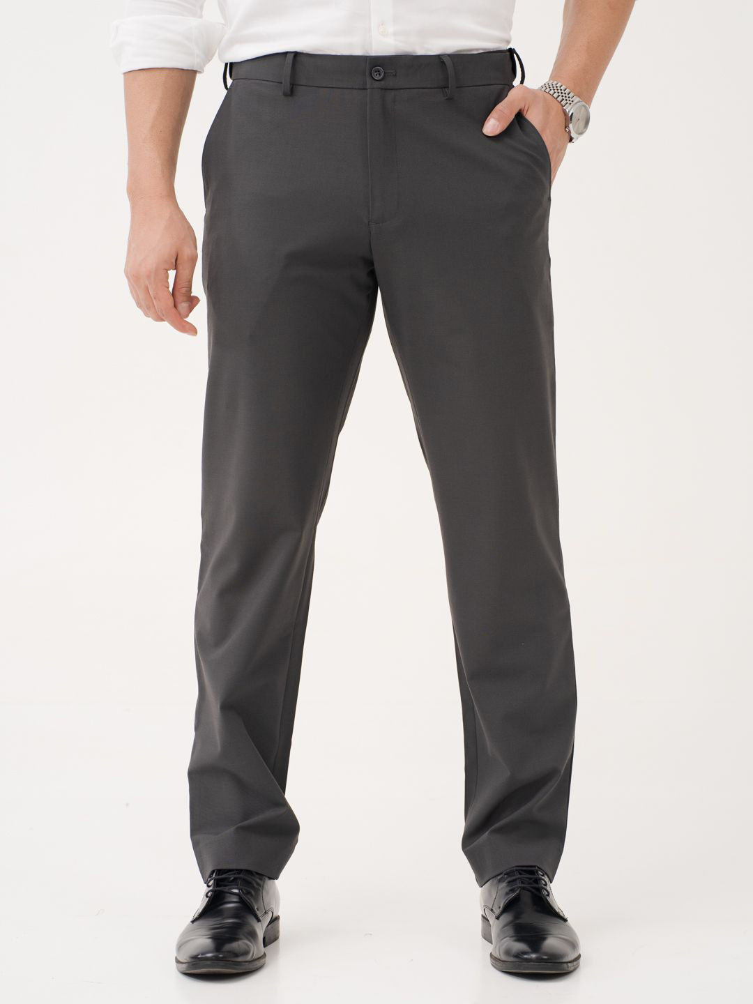 The Pant Project Men Timeless Grey Solid Relaxed Fit Wrinkle-Resistant Formal Trousers with Stretchable Waistband