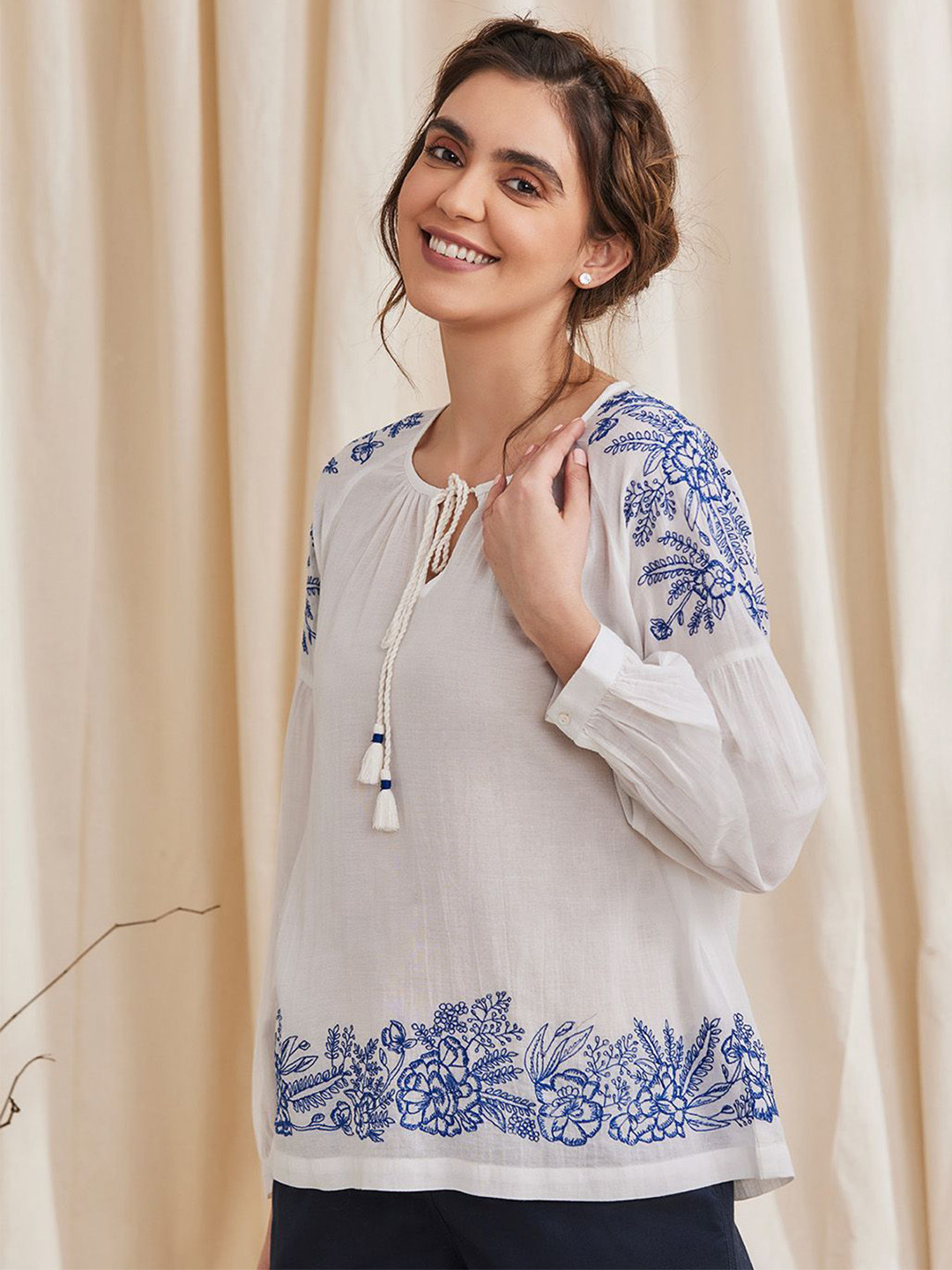 B77 Floral Embroidered Tie-Up Neck Organic Cotton Blouson Top