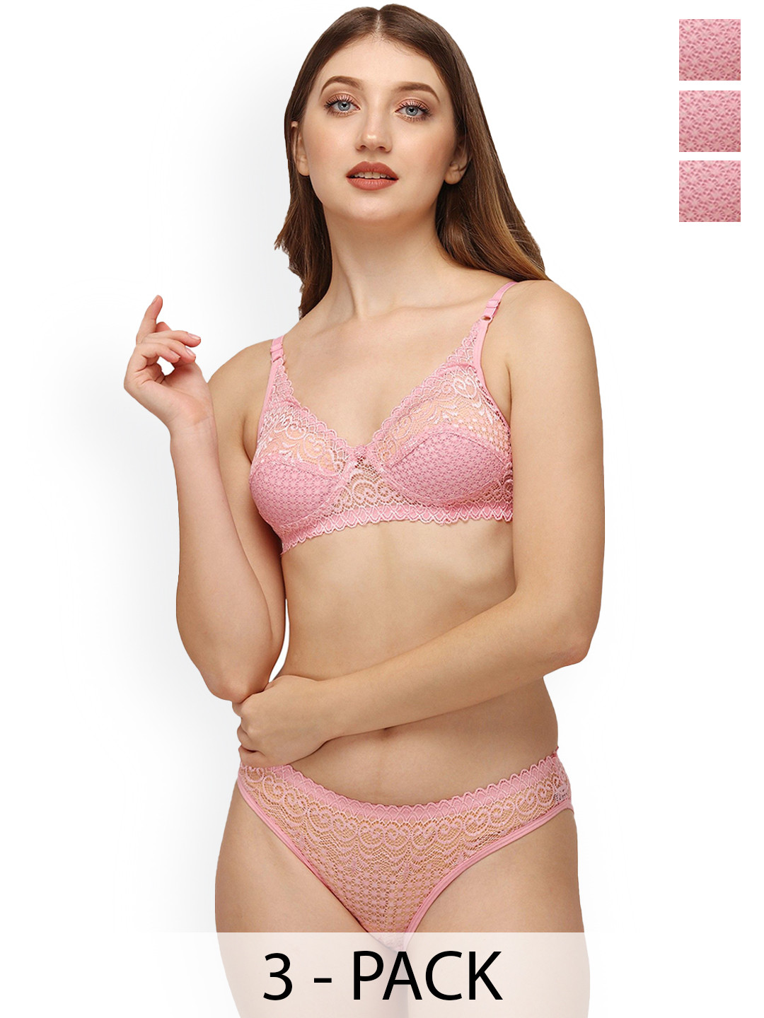 DHANDAI FASHION 3-Pcs Self Design Lingerie Sets Decent Set-Pink (M-1-3P)