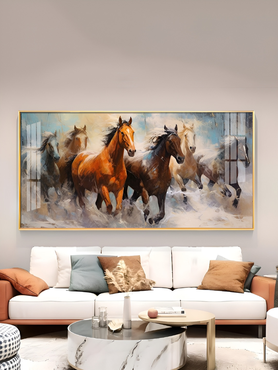 THE NEXT DECOR Brown & White Running Horses Vastu Glass Finish Horizontal Wall Art