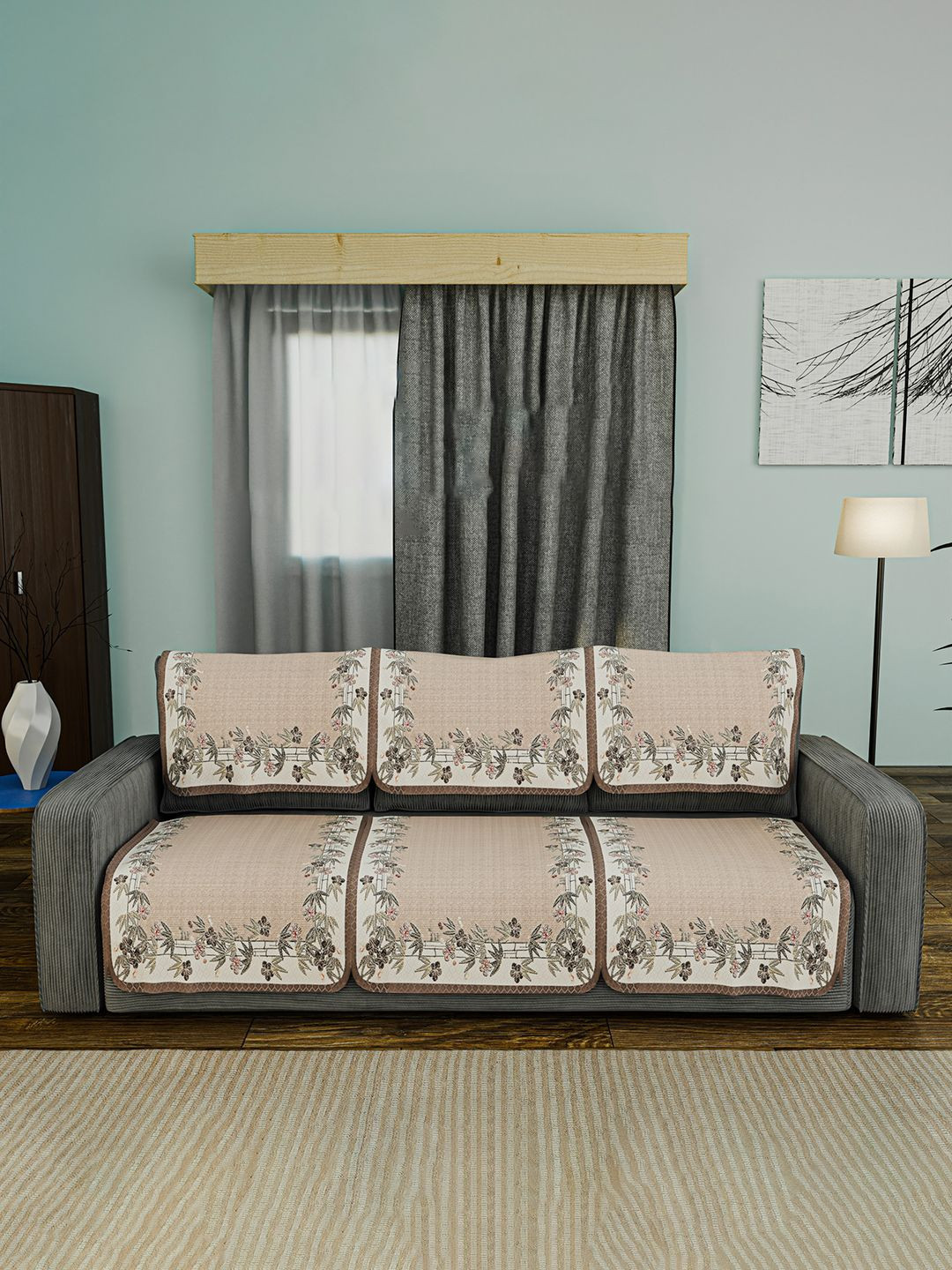 Kuber Industries 6 Pcs Cream-Coloured & Brown Cotton Sofa Covers 3 Seater
