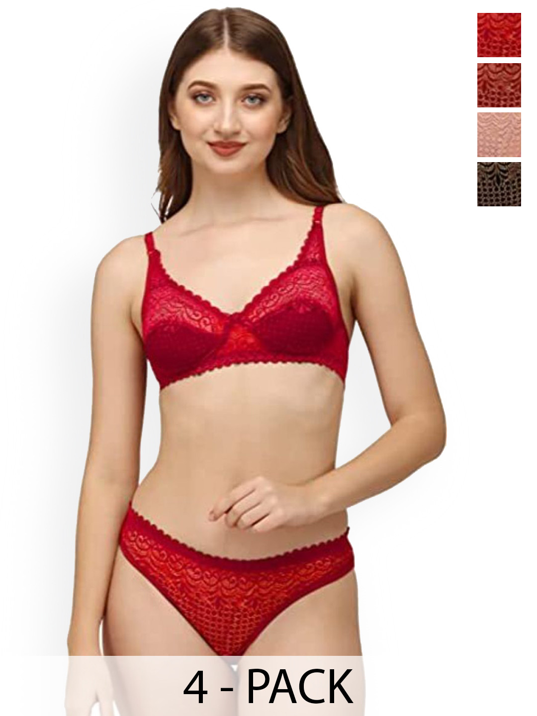 DHANDAI FASHION 4-Pcs Self Design Lingerie Sets Decent Set-Black Maroon Pink Red (M-1-4P)