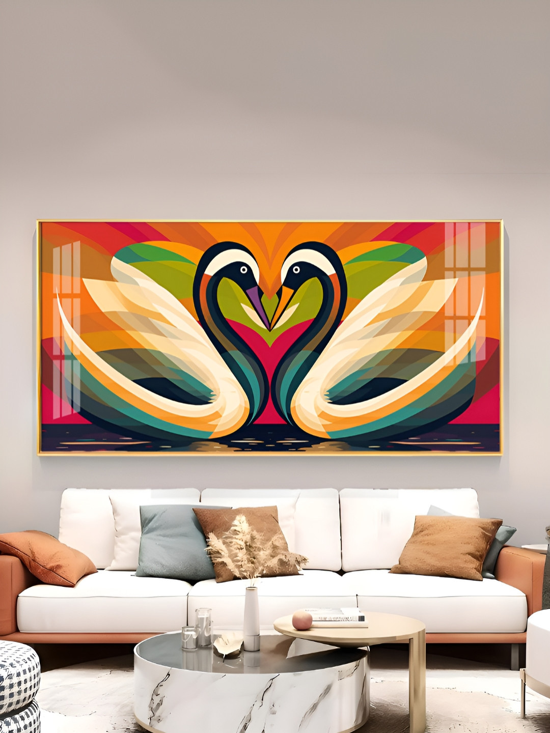 THE NEXT DECOR Romantic Swanscape Glass Finish Horizontal Wall Art