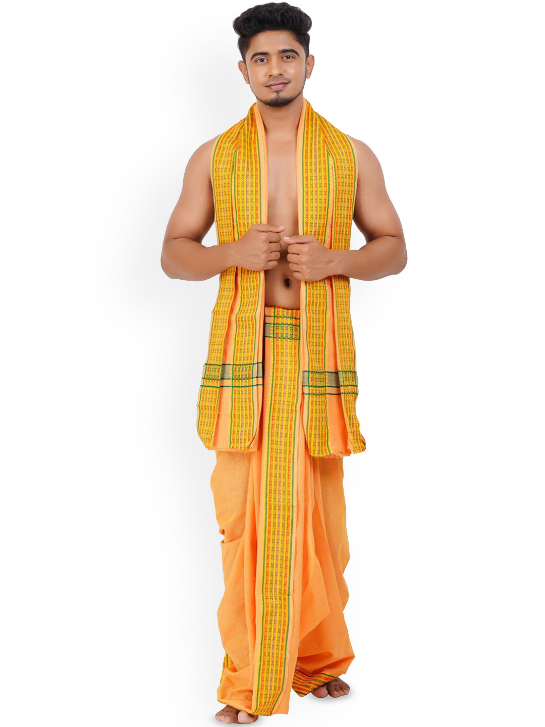 Ethazh Men Sandal Cotton Blend Solid 2 Inch Border Double Layer Dhoti with Angavastram