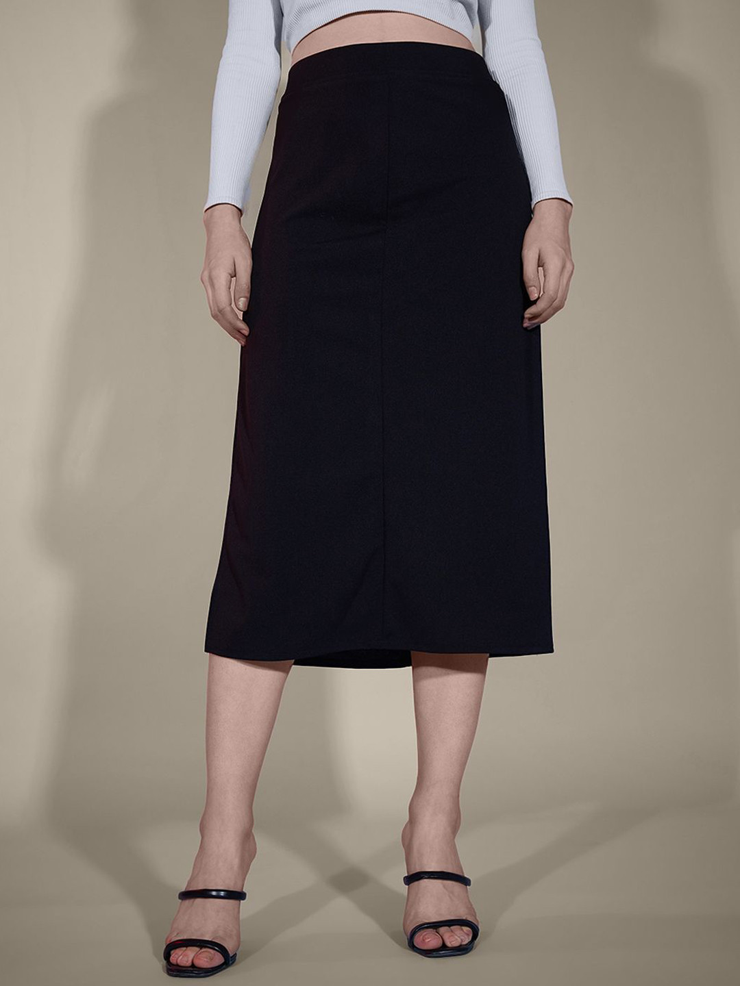 QIOA High-Rise Side Slit Midi-Length Straight Skirt