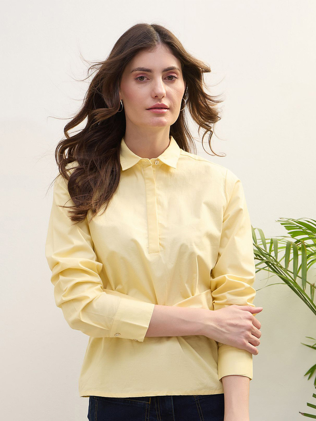 Iconic Women Solid Shirt Collar Regular Smocking Top