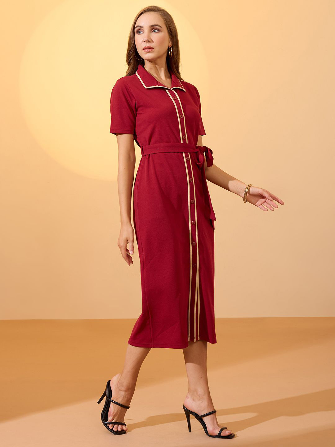 Globus Collared Neck Short Sleeves Belted Midi Shirt Style Workwear Dress