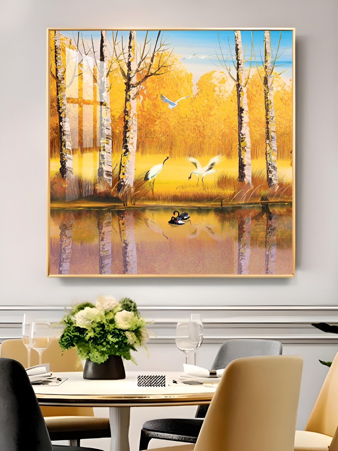 THE NEXT DECOR Yellow & Brown Lakeside Harmony Glass Finish Square Wall Art