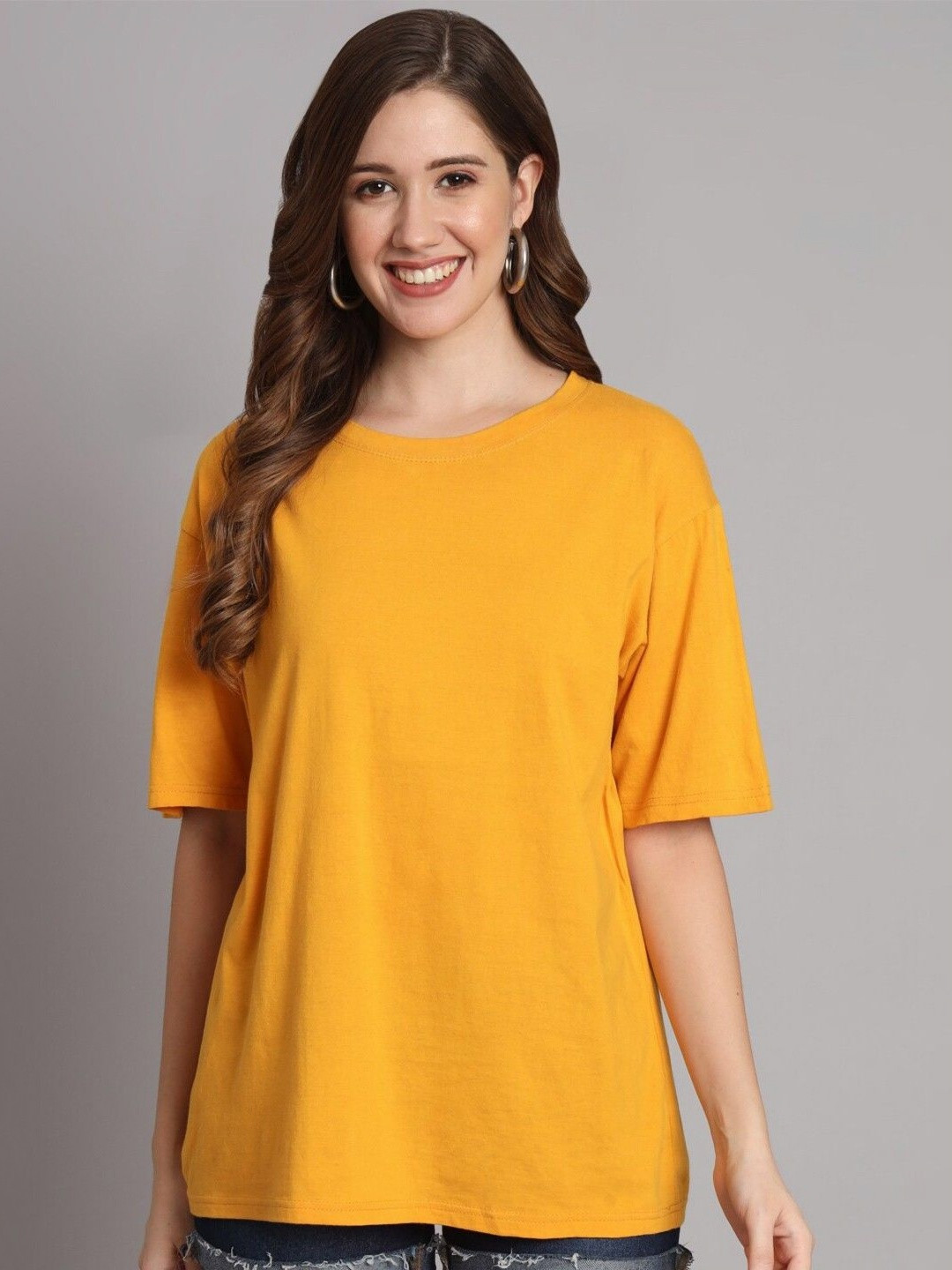 GLOWBERRY Women Solid Round Neck Oversized T-shirt