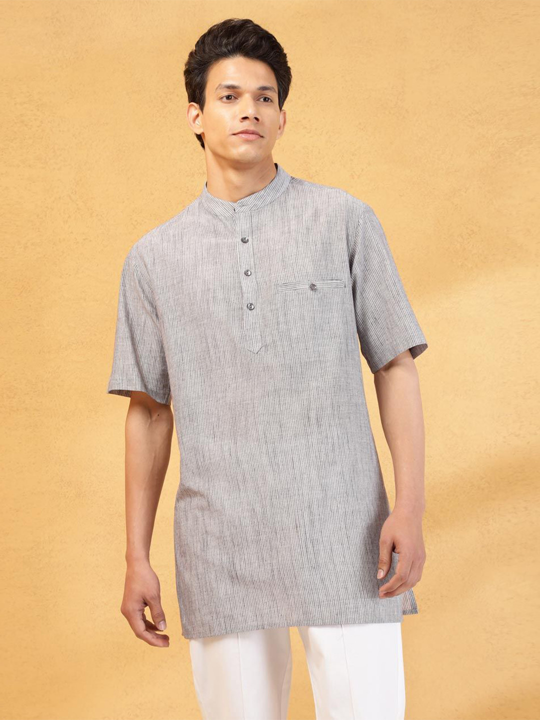 Fabindia Striped Band Collar Cotton Straight Short Kurta