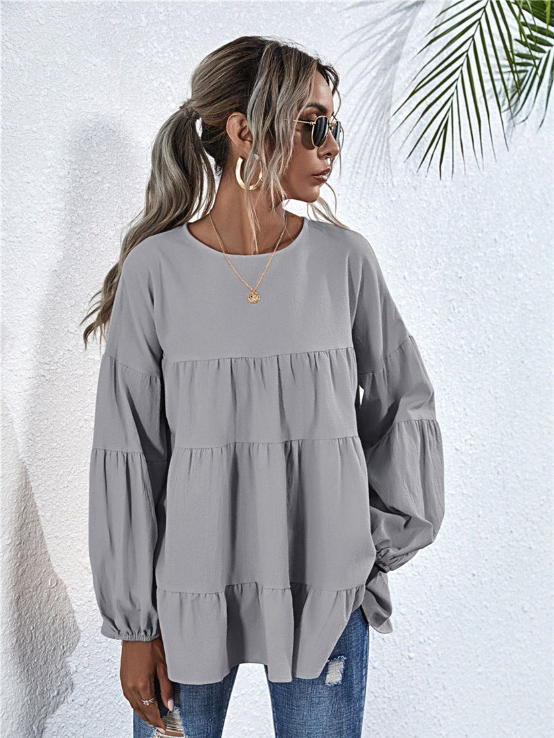 Oh Rare Women Round Neck Puff Sleeve Tiered Top