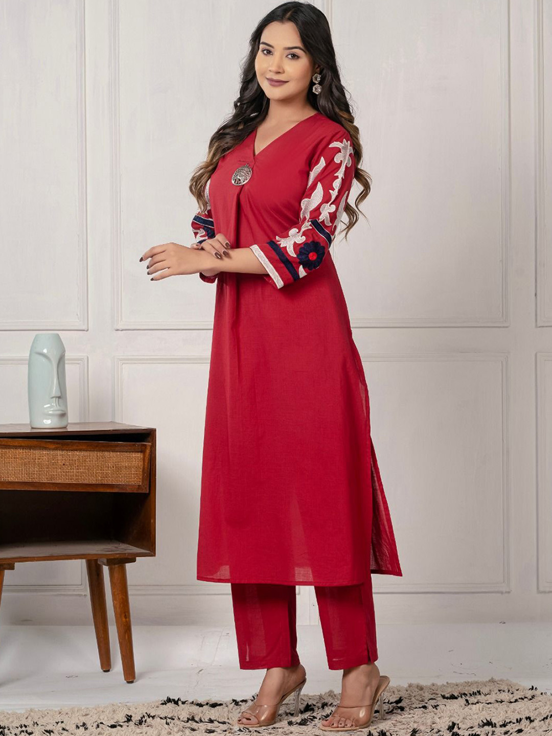 AUTUMN LANE Mika Cardinal Pure Cotton Straight Kurta With Trousers