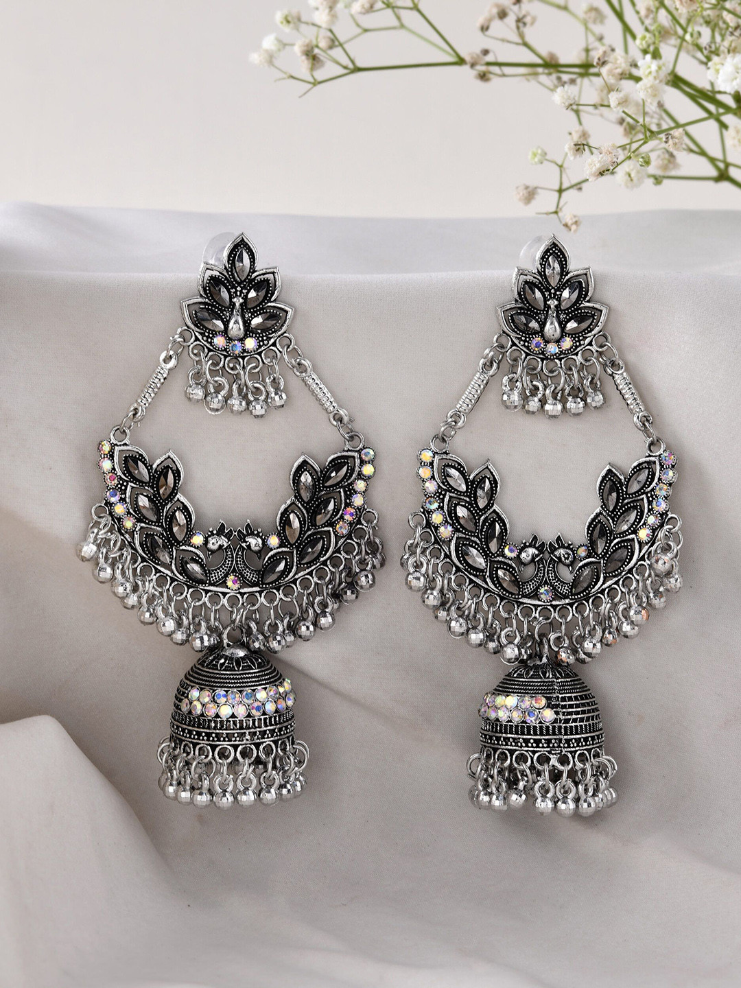 Sangria Stainless Steel Silver-Plated Iridescent Stones-Studded Dome Oxidised Jhumkas