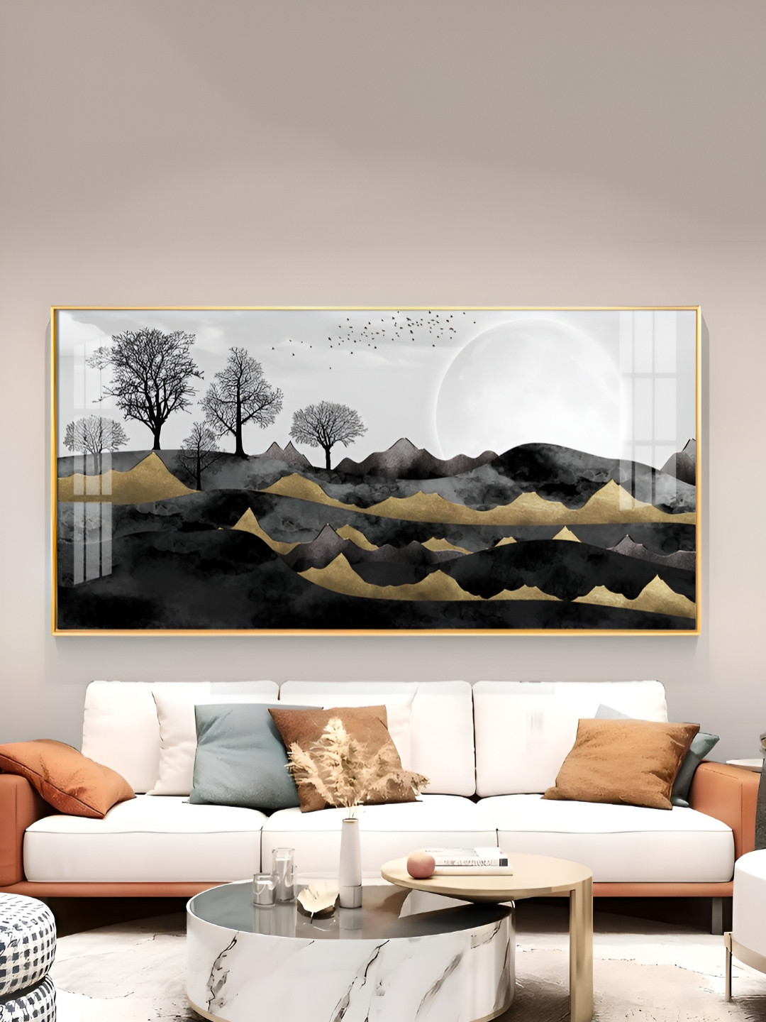 THE NEXT DECOR Gold Colored & Black Birds Glass Finish Horizontal Wall Art