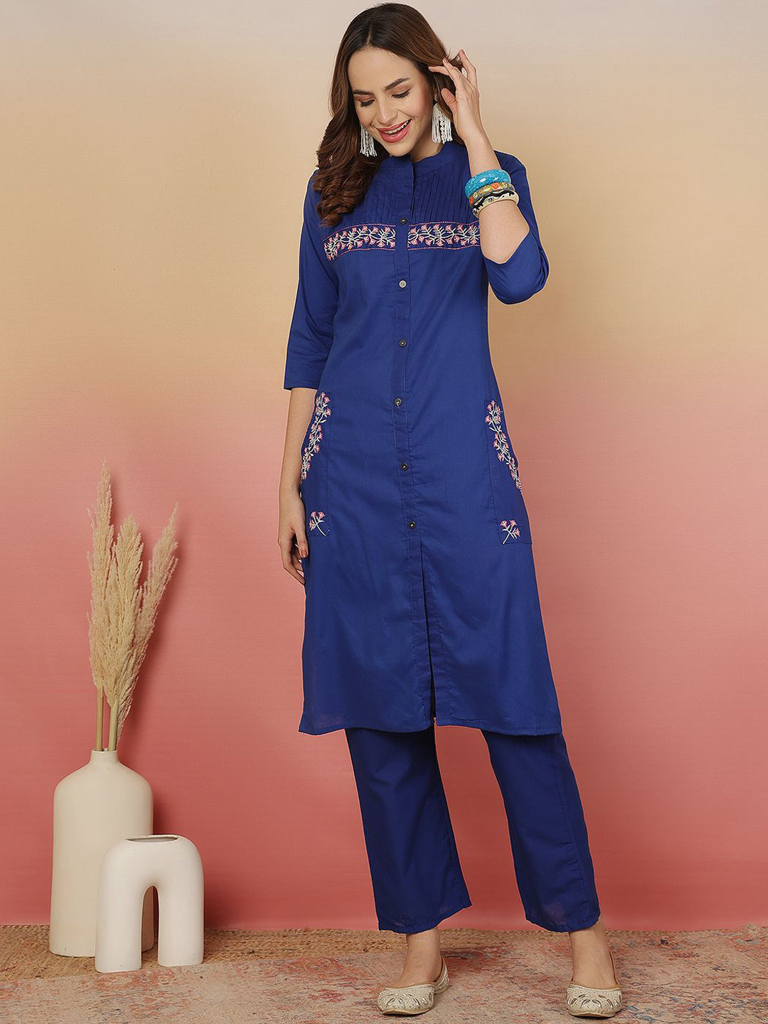 Sangria Women Embroidered Pure Cotton Straight Kurta With Trousers