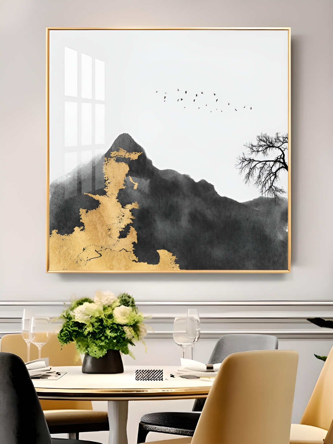 THE NEXT DECOR Gold-Toned & Grey Abyss Glass Finish Square Wall Art