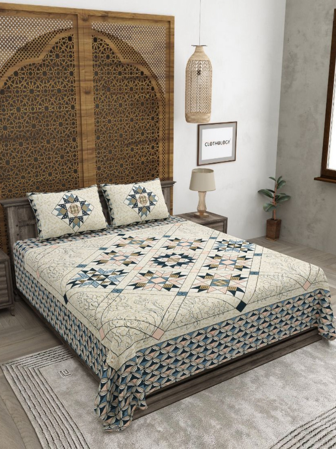 CLOTHOLOGY Jaipuri Prints Geometric 180 TC King Bedsheet with 2 Pillow Covers