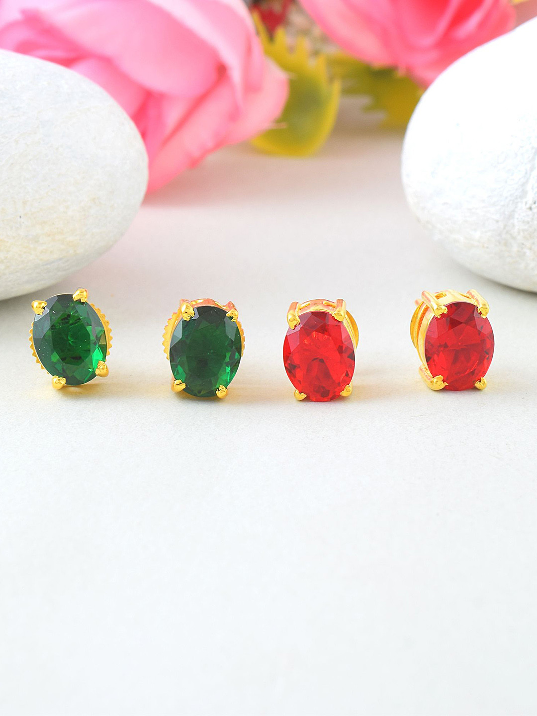 MEMOIR Set Of 2 Gold Plated Ruby & Emerald Studded Oval Shape Studs Earrings