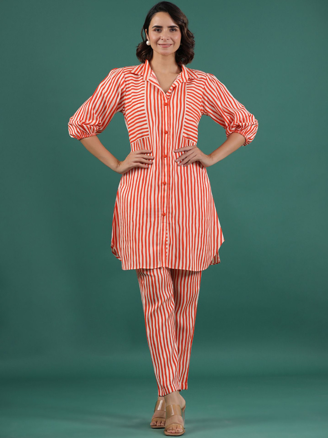 GILLORI Striped Rayon Shirt Style Kurta With Pant