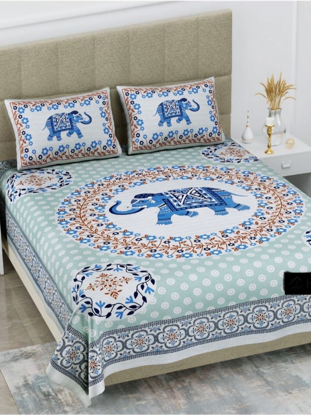 Nanki's Jaipuri Turquoise Blue Ethnic Motifs Pure Cotton 120 TC Queen Bedsheet with 2 Pillow Covers-254 x 234 x 10 cm