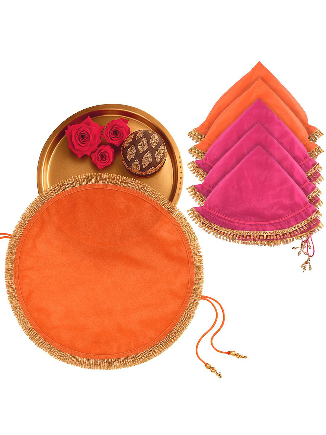Kuber Industries 6Pc Orange Colored & Pink Shagun Pooja Thalposh Organza Cover Cloth Potli