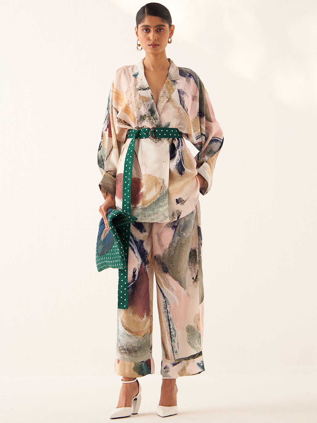 OFRIDA Printed Shirt Collar Shirt Belt With Trousers Co-Ords