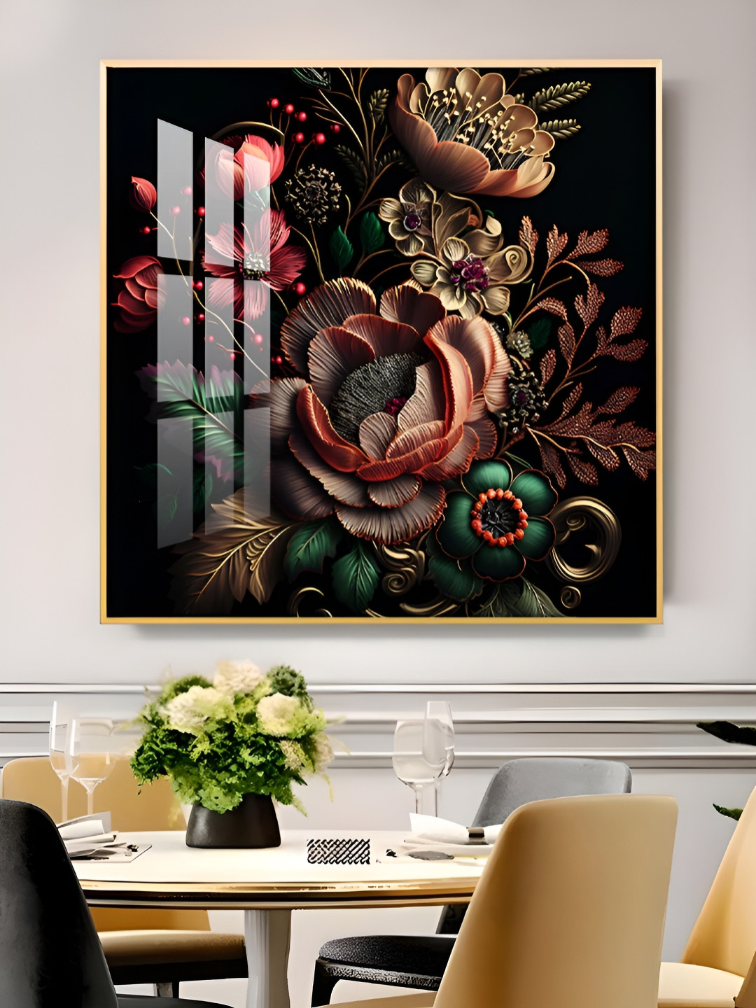 THE NEXT DECOR Green Blooming Elegance Glass Finish Square Painting Wall Art