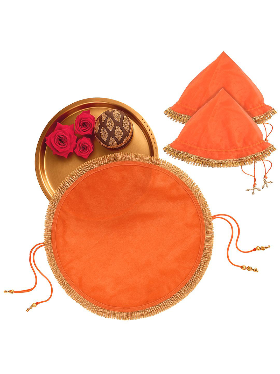 Kuber Industries 3Pcs Orange Colored 2 In1 Shagun Pooja Thalposh Organza Cover Cloth Potli