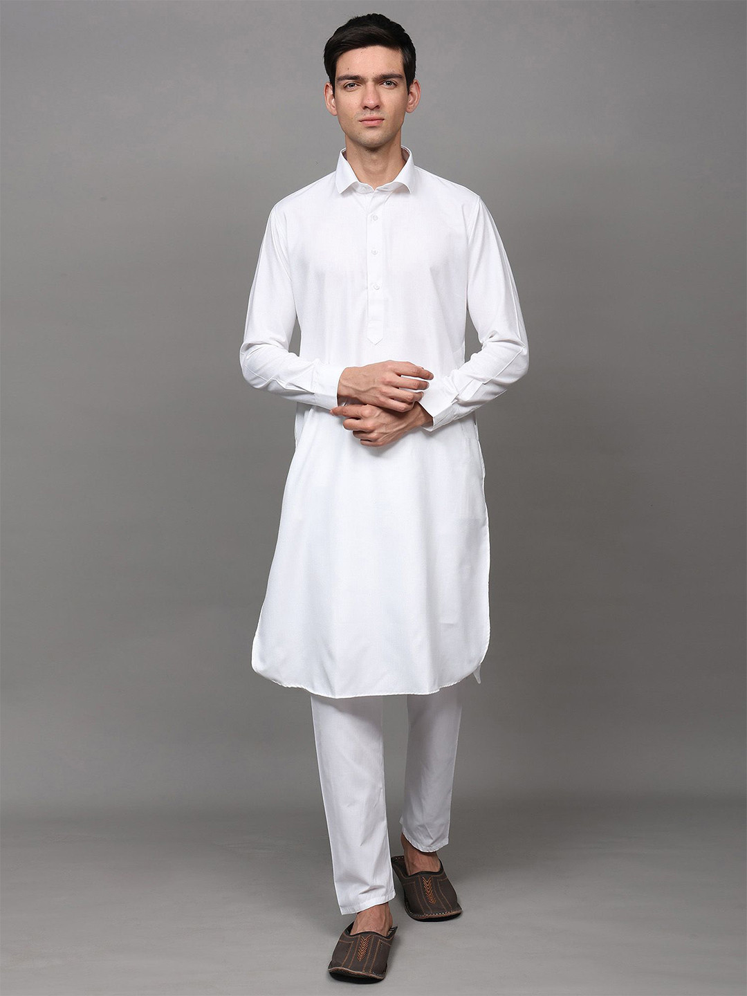 Exotic India Men Pure Cotton Plain Pathani Kurta Pajama Set with Side Pockets