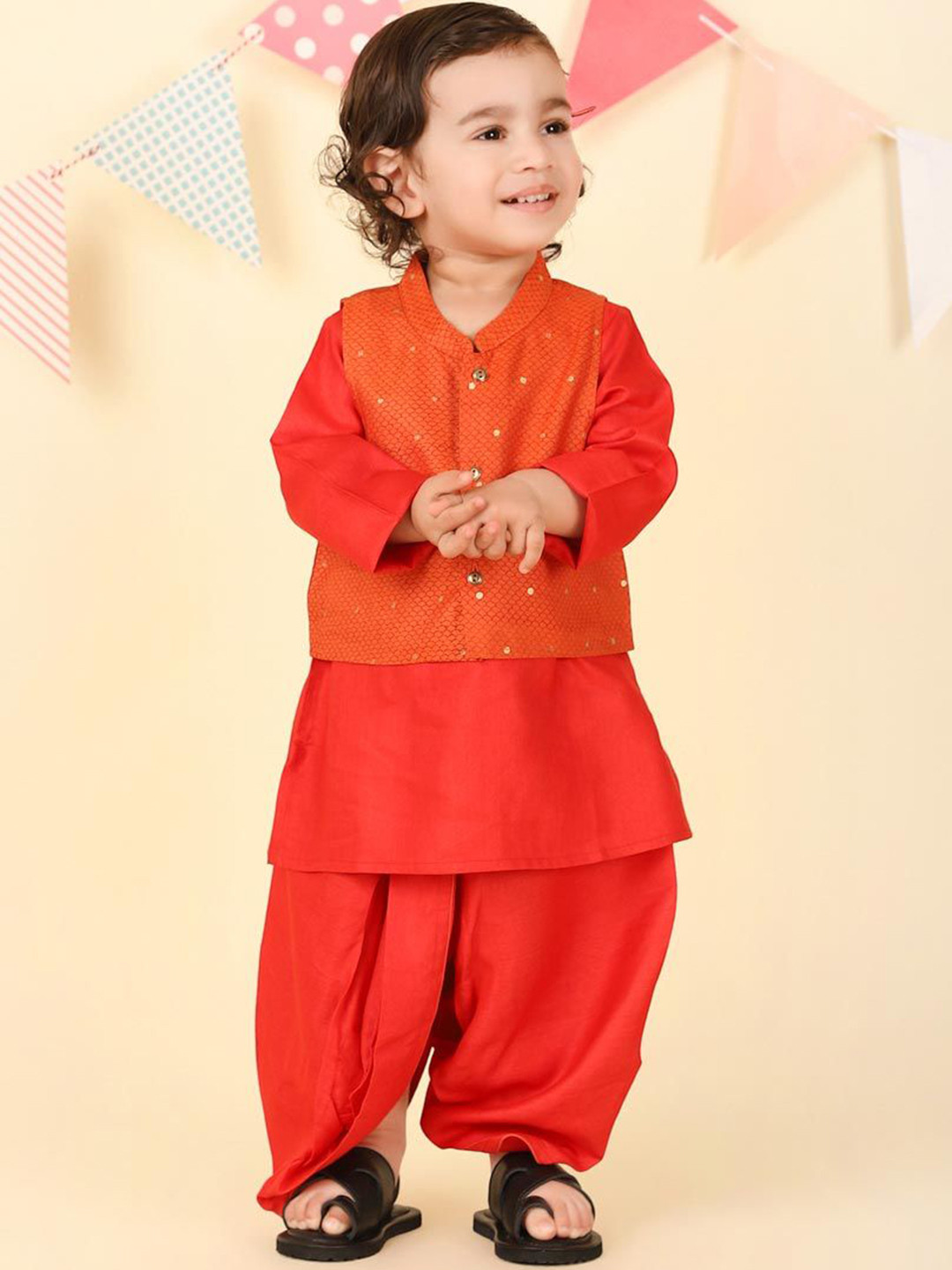 Fabindia Boy's Hand Block Printed Kurta & Dhoti Pants with Nehru Jacket
