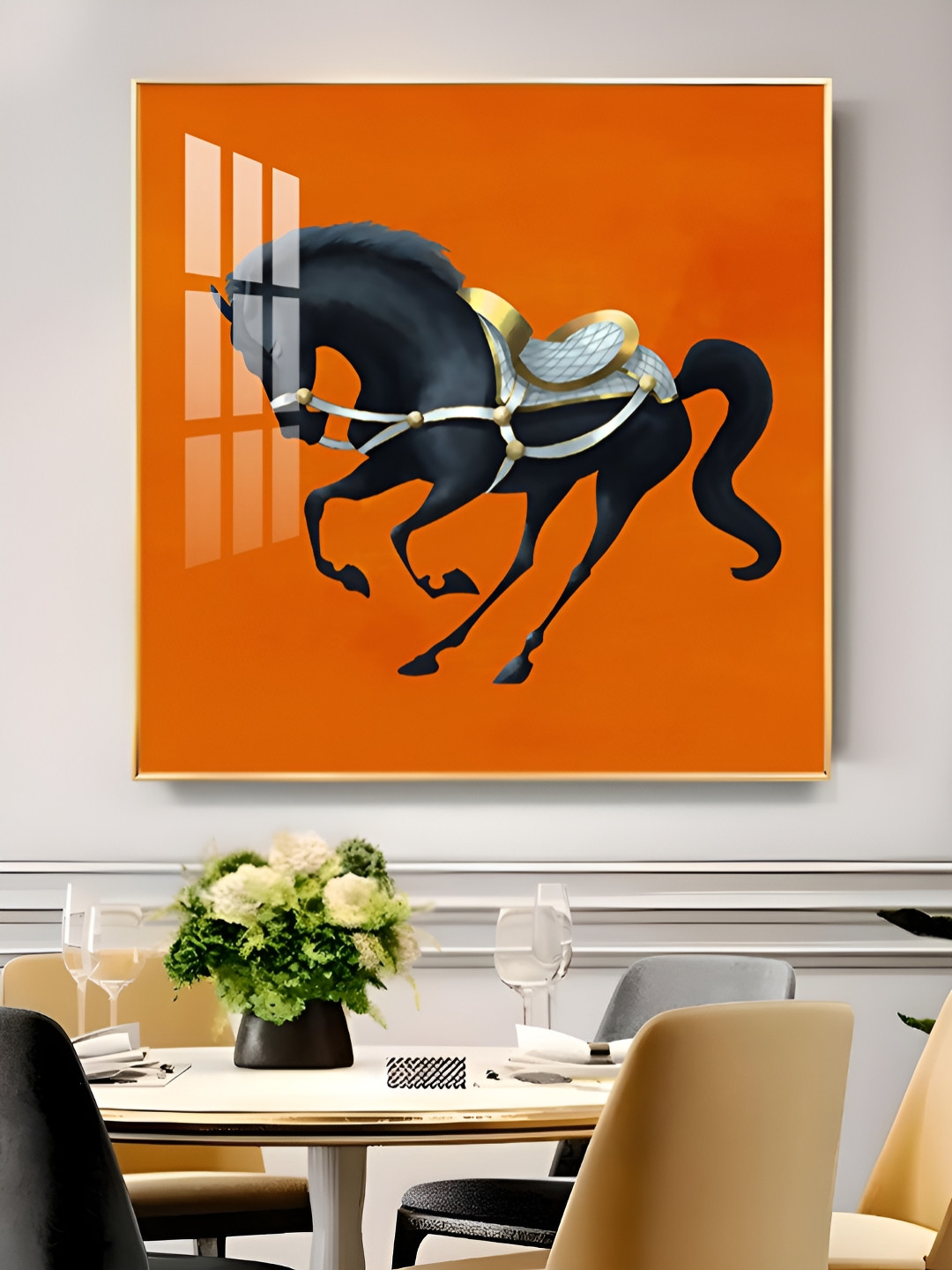 THE NEXT DECOR Jumping Horse In Orange Horizon Glass Finish Square Wall Art