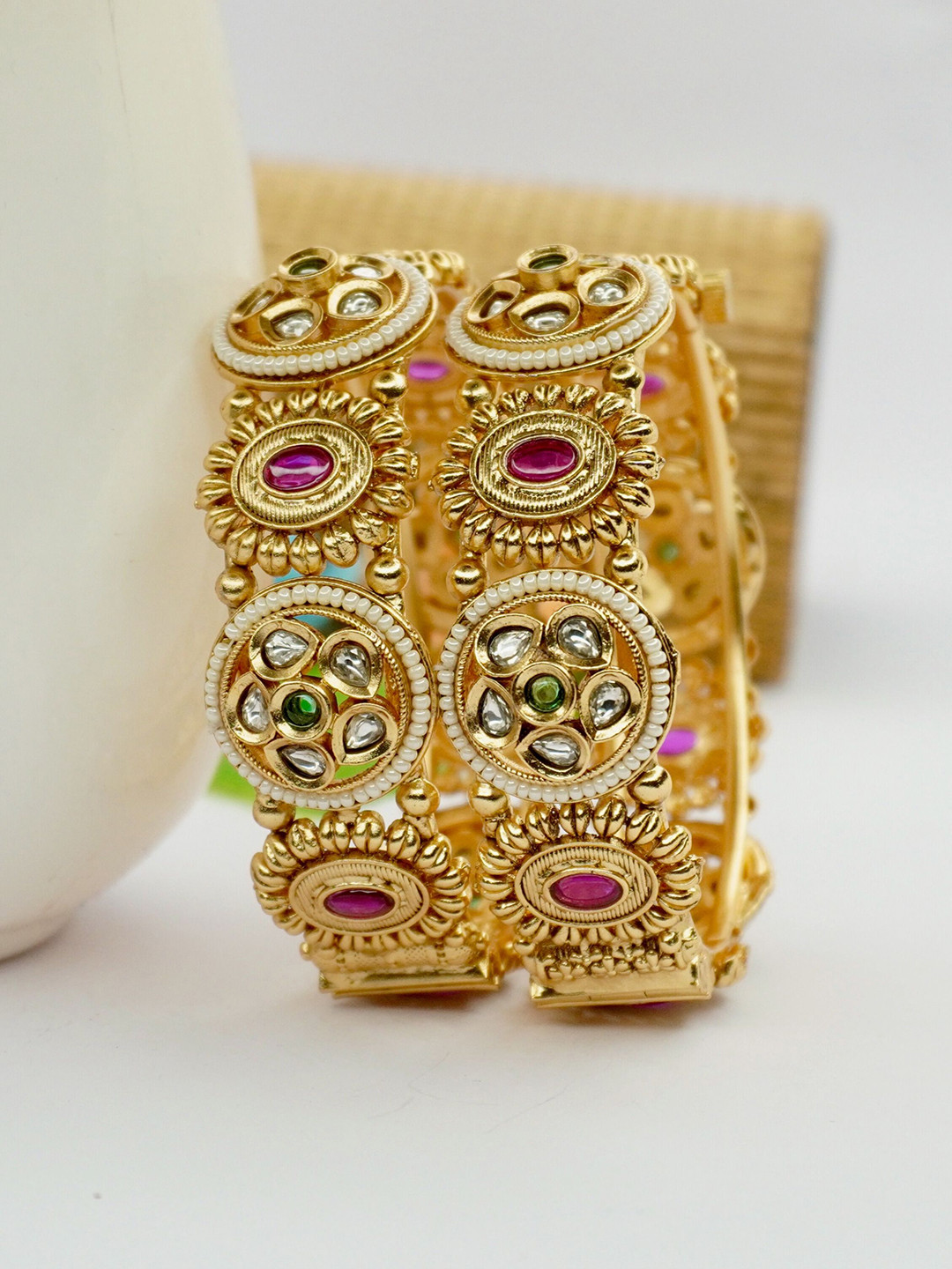 Panini jewels Set Of 2 Gold-Plated Ruby & Kundan With Stones And Pearl Studded Bangles