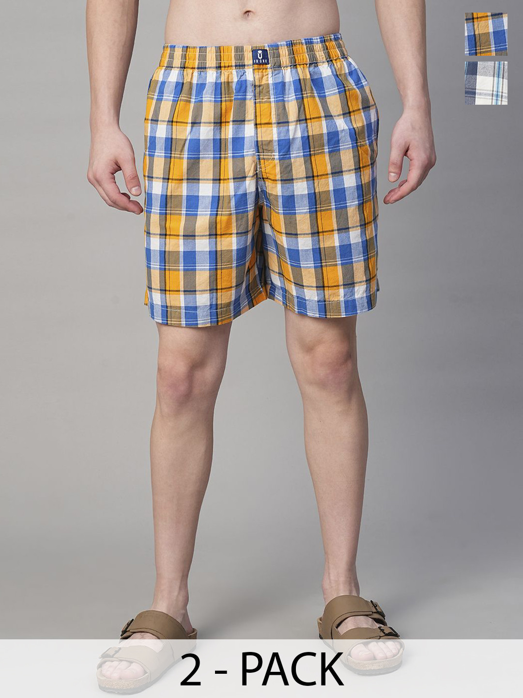 PRONK Pack Of 2 Checked Cotton Boxers TM-BC2-002-BGE-S