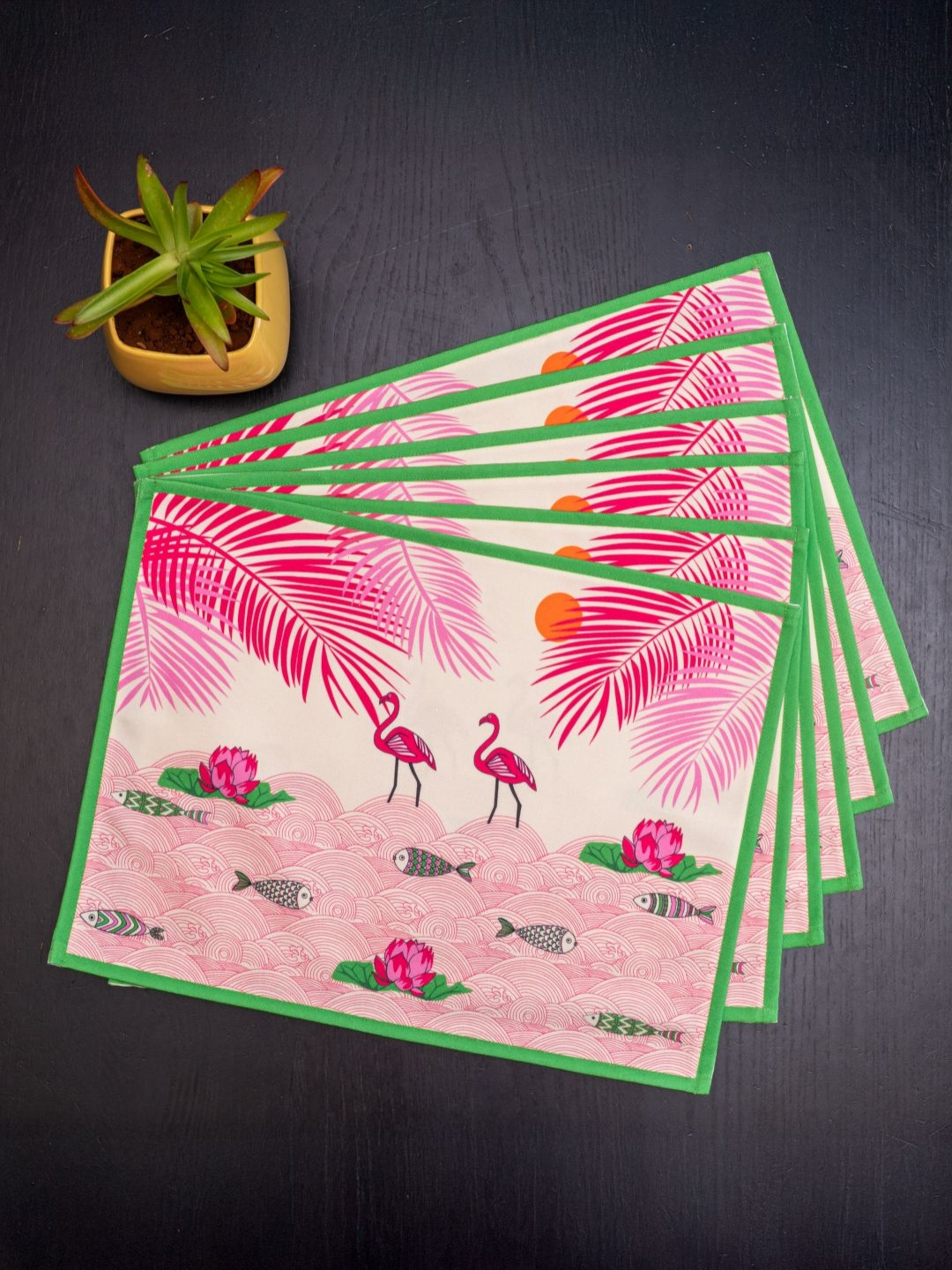 Indisca Designs 6-Pcs Cream Colored & Pink Flamingo Habitat Printed Table Placemats
